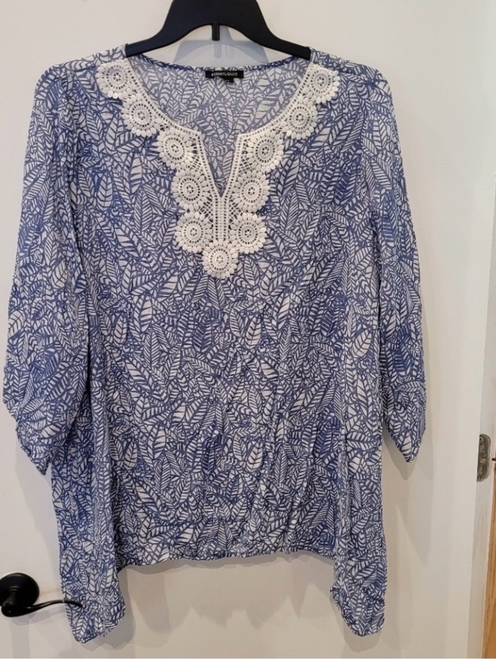 Robert Louis Blue and White Leaf Print Blouse with Crochet Detail